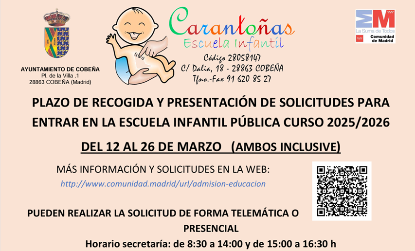 Recogida y presentación de solicitudes admisión Escuela Infantil Carantoñas | Marzo 2025